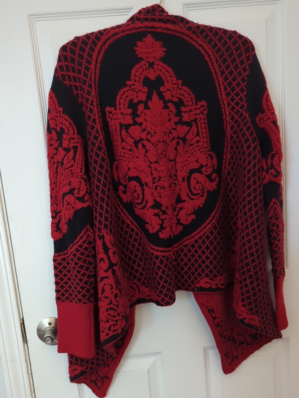 SIONI Red Black Baroque Knit Waterfall Cardigan Sweater L/XL HTF - Picture 9 of 15